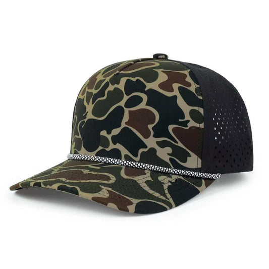 TOPTIE Perforatd Trucker Hat with Rope, 5 Panel Quick Dry Snapback Cap